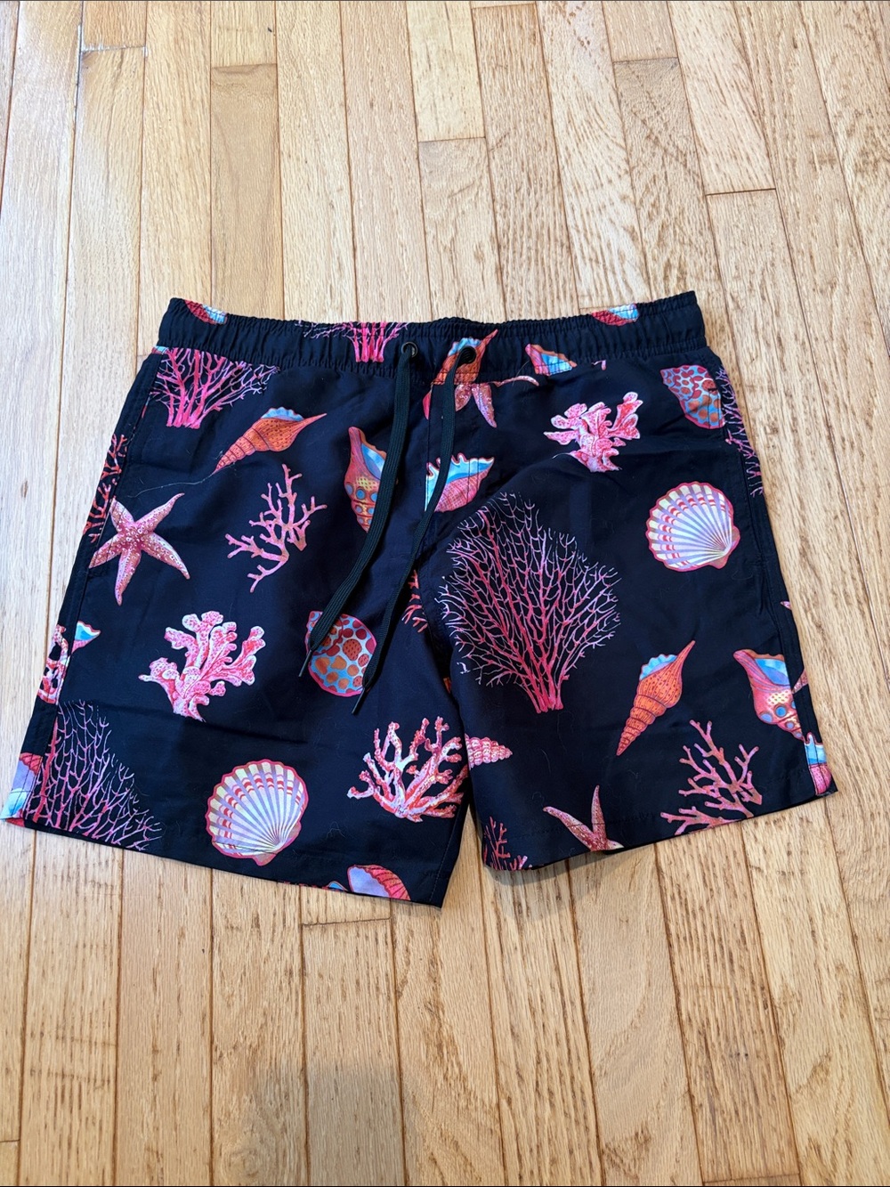Surf Society Black Swim Shorts with Pink Coral & Shell Print